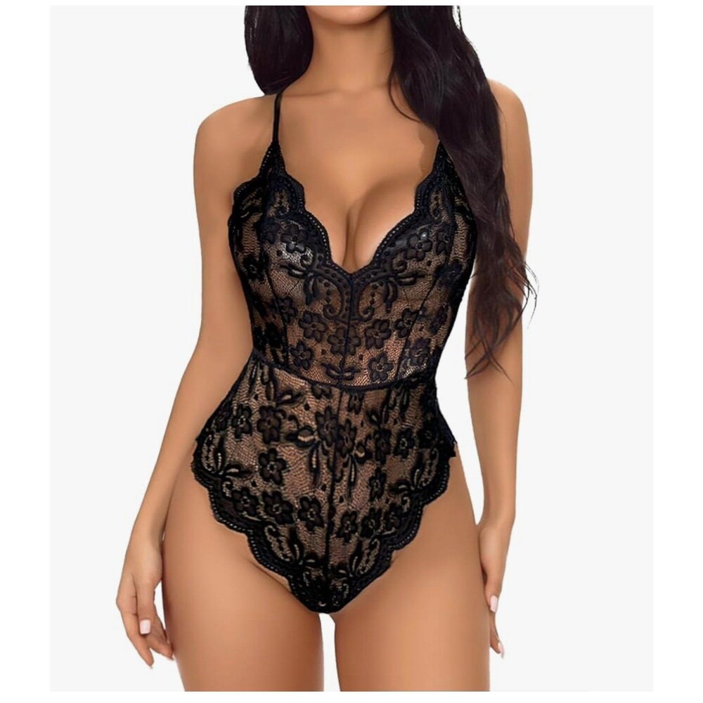 Women Lace Bodysuit One Piece Babydoll Mini Teddy V Neck Lingerie M